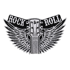 May include: Black and white embroidered patch featuring a guitar with wings. The text "Rock & Roll" is written on the patch.