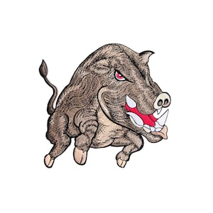 Op de afbeelding: Een geborduurde patch met een cartoon-everzwijn, bruin en wit, met een rode mond en witte tanden. Het everzwijn rent en heeft een woeste uitdrukking.