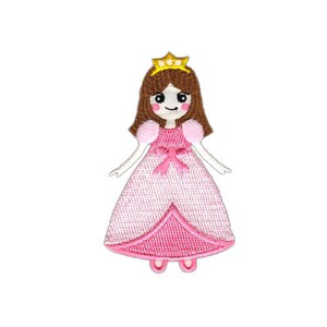Könnte beinhalten: Gestickter Bügelaufkleber einer Prinzessin in einem rosa Kleid und einer goldenen Krone.