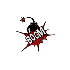 Puede incluir: Una bomba negra con una mecha encendida y una chispa en forma de estrella. La palabra "BOOM" está escrita en blanco, dentro de un gráfico rojo de explosión de cómic.