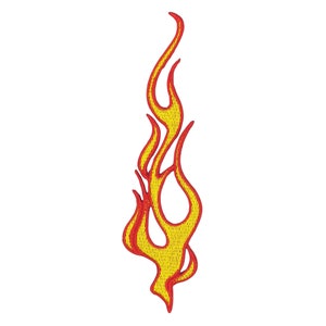 May include: A yellow and red flame design with a pointed tip. The flame is outlined in red and filled in with yellow.