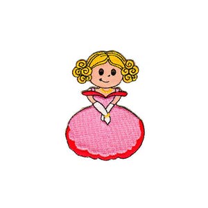 May include: Embroidered patch of a cartoon princess with blonde curly hair, wearing a pink dress with a red trim. The princess has a gold necklace and white gloves. The patch is on a white background.