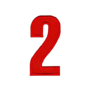May include: Red felt number two patch. The number is outlined in white.