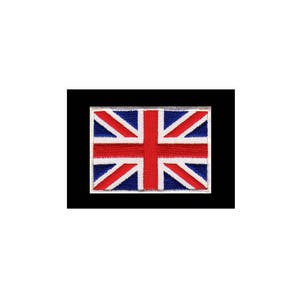 Op de afbeelding: Een geborduurde patch van de Union Jack-vlag, met de kleuren rood, wit en blauw.