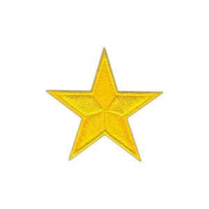Könnte beinhalten: Ein gestickter gelber Stern-Patch.