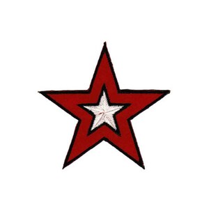 Könnte beinhalten: Ein roter Stern mit einem weißen Stern im Inneren. Der rote Stern hat einen schwarzen Umriss.