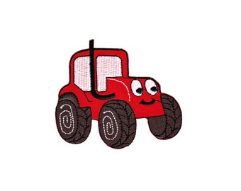 bf19 Traktor Rot Bulldog Comic Auto Fahrzeug Aufnäher Bügelbild Applikation Patch Flicken Kinder Größe 8,3 x 7,4 cm