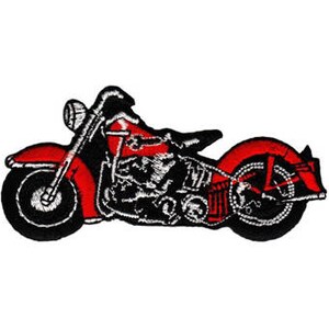 Op de afbeelding: Rode en zwarte geborduurde motorfiets patch. De motorfiets is in klassieke stijl met een enkele koplamp en een zijspan.