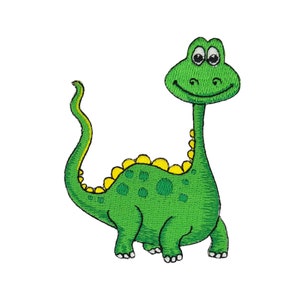 Peut inclure: Dinosaure de dessin animé brodé vert avec des accents jaunes et un visage souriant.