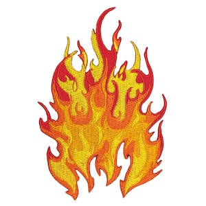 Könnte beinhalten: Ein gestickter Aufnäher mit einem stilisierten Flammenmuster in Rot und Gelb.