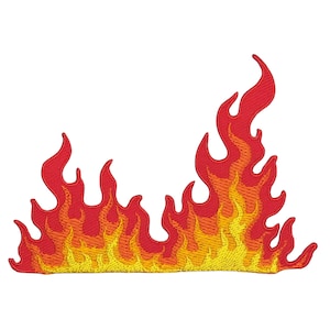 Op de afbeelding: Gestikt vlamontwerp patch in rood en geel. De vlammen zijn gestileerd en hebben een gekartelde rand.