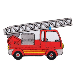 ae90 - Strijkapplicatie brandweerwagen, ladderwagen, draaibare ladder, voertuig, strijkapplicatie, patch, formaat 10,2 x 6,3 cm