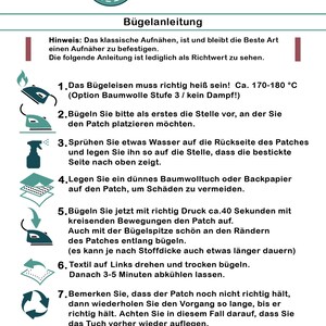 May include: Instructions for ironing on a patch. The instructions are in German and include illustrations of an iron, a spray bottle, and a piece of fabric. The text includes the words "B&uuml;gelanleitung" and "Braunert Patches".