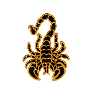 May include: Black scorpion silhouette with a gold outline. The scorpion is facing forward with its tail curled up.