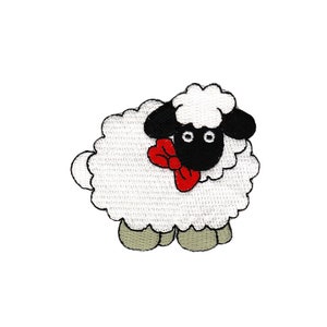Puede incluir: Una oveja blanca con la cara negra y una pajarita roja. La oveja es de estilo de dibujos animados y tiene un cuerpo blanco y esponjoso.