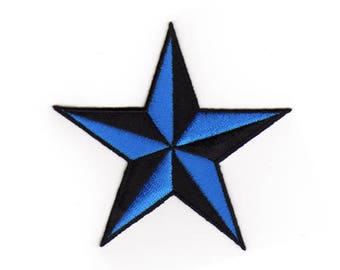 au92 Nautical Star Blue Black Sew-on Iron-on Applique Patch Size 9.0 x 9.0 cm