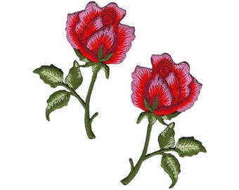 ag66 - Ensemble Rose Rose 2 Pièces Patch Thermocollant Applique Taille 4,5 x 7,2 cm