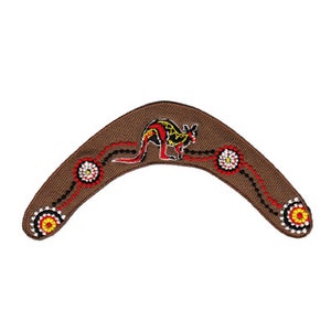 May include: A brown boomerang with a kangaroo design and red, yellow, and white bead accents.