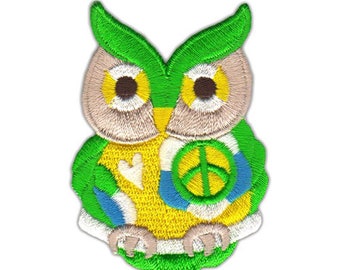 ah80 Owl Eagle Owl Bird Yellow Green Peace Sew-On Iron-On Applique Patch Size 7.5 x 6.0 cm