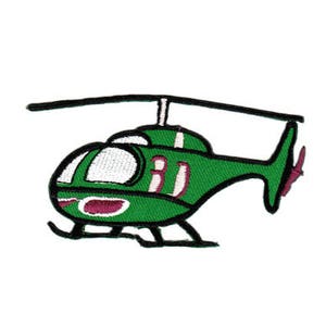 Könnte beinhalten: Grüner Cartoon-Hubschrauber mit einer weißen Nummer 31 an der Seite. Der Hubschrauber hat einen roten Heckrotor und eine schwarze Umrandung.