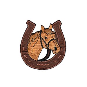 May include: A brown horseshoe with a horse's head peeking out from the top. The horse is brown with a black bridle.