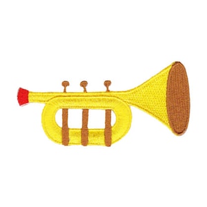Könnte beinhalten: Eine gelbe Trompete mit einem roten Schalltrichter und braunen Ventilen. Die Trompete ist ein Musikinstrument.
