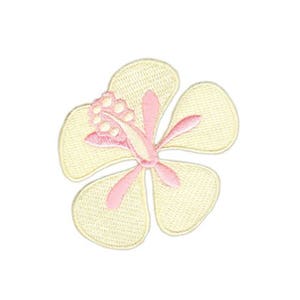 May include: A yellow hibiscus flower with a pink centre. The flower is embroidered and has a detailed design.