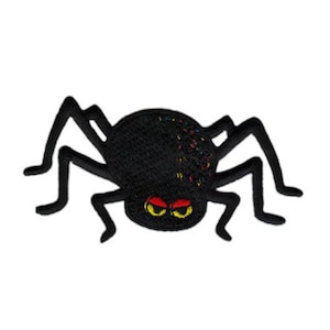 Könnte beinhalten: Schwarze Spinne mit roten und gelben Augen. Die Spinne hat acht Beine und einen schwarzen Körper mit einem gefleckten Muster.