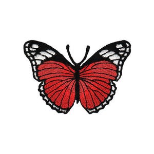 May include: Red embroidered butterfly patch with black outlines and white accents.