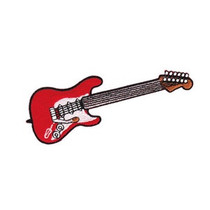 Könnte beinhalten: Rote E-Gitarre mit weißem Schlagbrett und verchromten Hardware. Die Gitarre hat sechs Saiten und ein braunes Griffbrett.