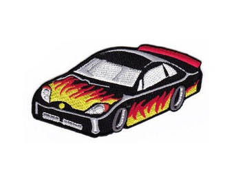 am24 Racing Car Rennauto Flammen Aufnäher Kinder Bügelbild Applikation Patch Flicken Größe 10,0 x 5,5 cm