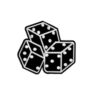 Puede incluir: Ilustración gráfica de tres dados negros con puntos blancos y contorno blanco sobre fondo blanco. Los dados están agrupados, mostrando diferentes combinaciones de puntos. La imagen es un diseño simple y audaz.