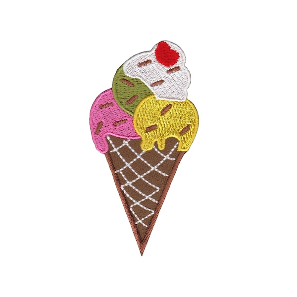 ae16 Cornet de glace brodé, gaufre, crème glacée, cerise, patch thermocollant, taille 4,3 x 8,5 cm