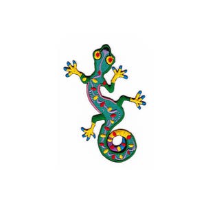 Puede incluir: Un gecko verde, azul, rosa y amarillo con la cola enroscada. El gecko es una ilustración de estilo de dibujos animados.