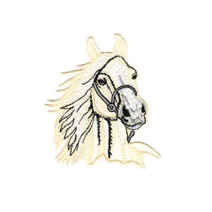 Op de afbeelding: Een wit paard met een zwart hoofdstel, kijkend naar rechts. De manen en staart van het paard wapperen in de wind.