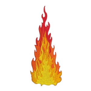 Op de afbeelding: Een geborduurde vlam patch in rood en geel. De vlam is gestileerd met een puntige punt en gekartelde randen.