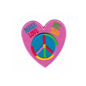 May include: Pink heart-shaped patch with a peace sign in the centre. The peace sign is made of multi-coloured embroidery. The words "Make Love Not War" are embroidered on the heart.