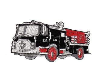 af79 Feuerwehrauto USA Fahrzeuge Schwarz Aufnäher Kinder Bügelbild Applikation Patch Flicken Größe 12,0 x 6,0 cm