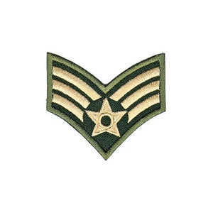 May include: A green and gold military rank patch with three gold stripes and a gold star in the center.