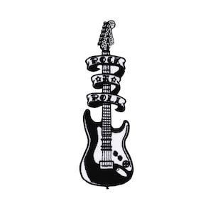 Könnte beinhalten: Schwarz-weiß gestickter Aufnäher einer E-Gitarre mit den Worten "Rock and Roll" um den Hals gewickelt.