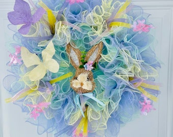 Pastel Easter mesh wreath with bunny rabbit and butterflies