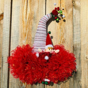 Red and White Mesh Elf Hat Wreath