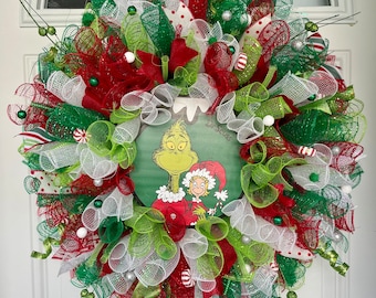 The Green Christmas Monster and Girl Christmas mesh wreath