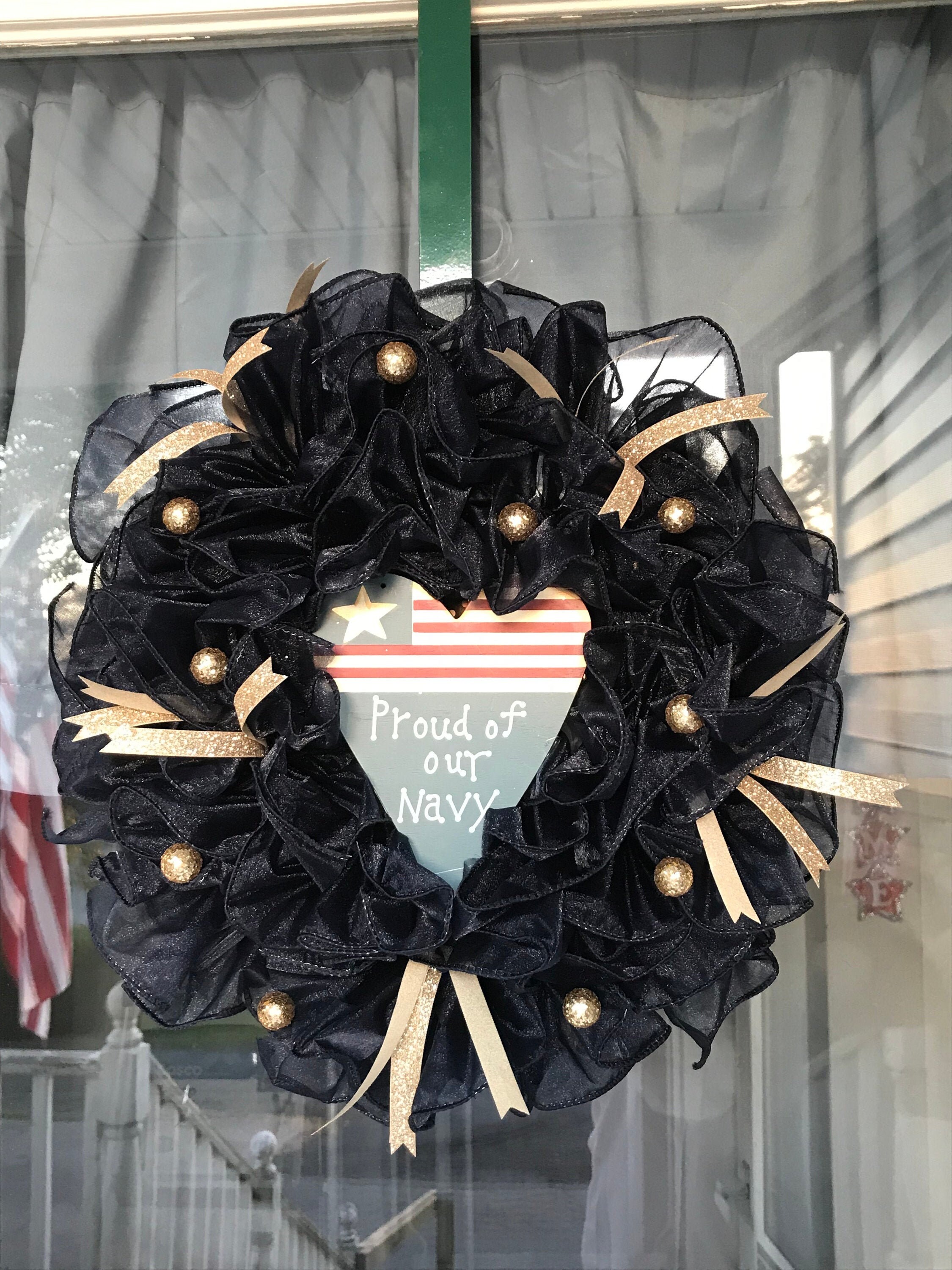 Navy Blue and Gold United States Navy Pride/Deployment Ribbon Wreath