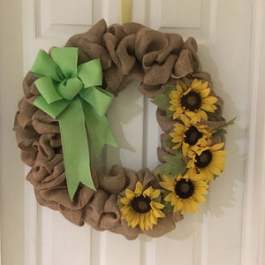 Cheerful country sunflower burlap wreath with ribbon. 18&quot;