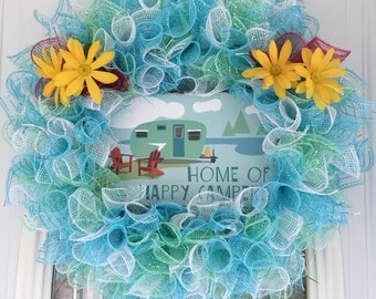 Happy camper blue mesh wreath