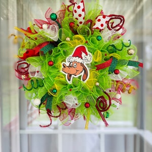 Size 14&quot; across- SMALL- The Green Christmas Monster Wreath with Dog