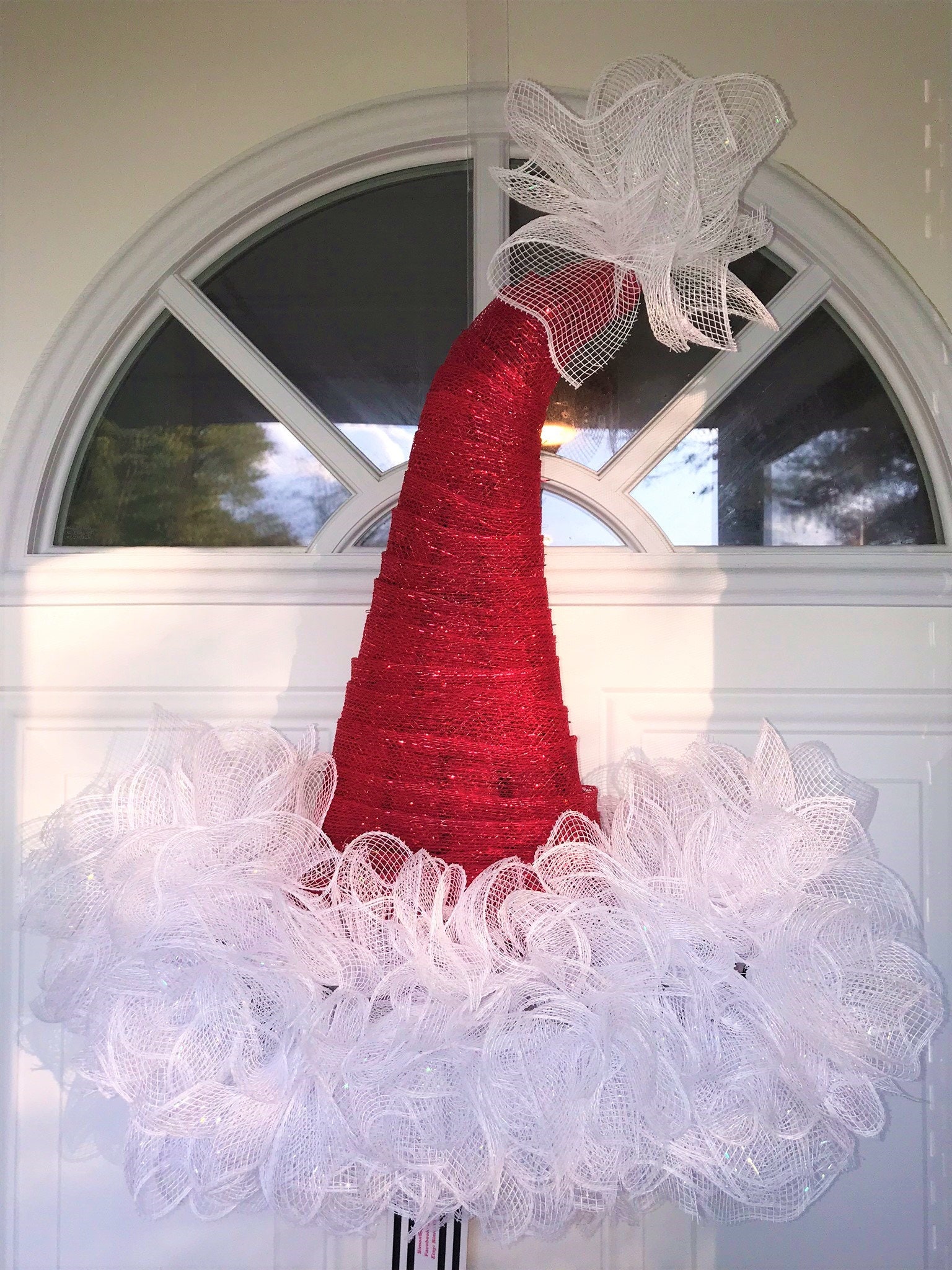 Red and White Mesh Christmas Santa Hat Wreath