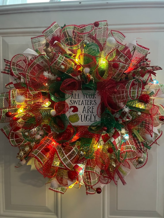 The Grinch Ugly Sweater Mesh Wreath With Lights Etsy