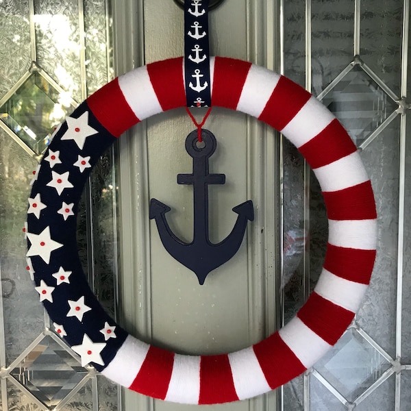 Red white and blue anchor wreath, 4th of july, Memorial Day, america, usa, nautical patriotic